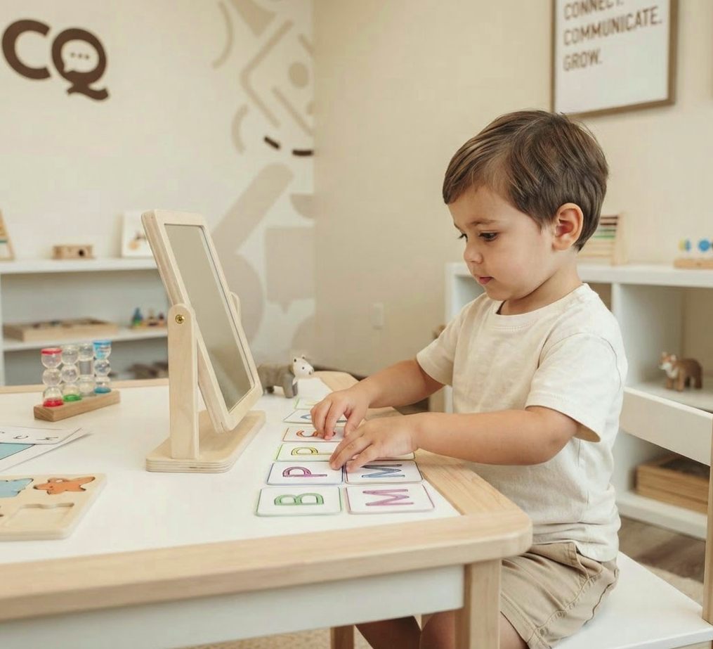 A young child at a low table matching letter cards during a speech therapy session in the CQ Speechie clinic, with the CQ logo on the wall behind